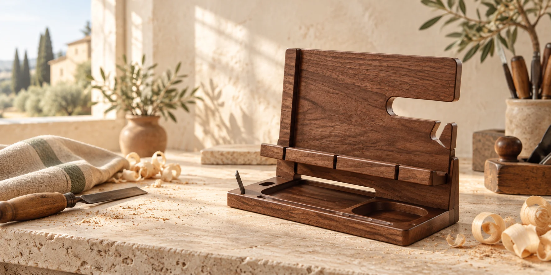Editorial still life of a walnut desk organiser in an Italian wood workshop