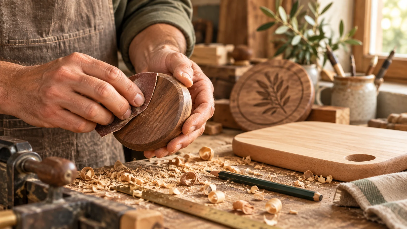 Editorial image of artisan hands sanding a walnut object